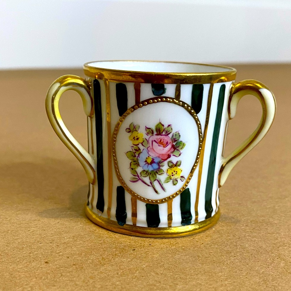 Vtg  Hand Painted Nippon Tri Handled Green and White Striped Toothpick Holder